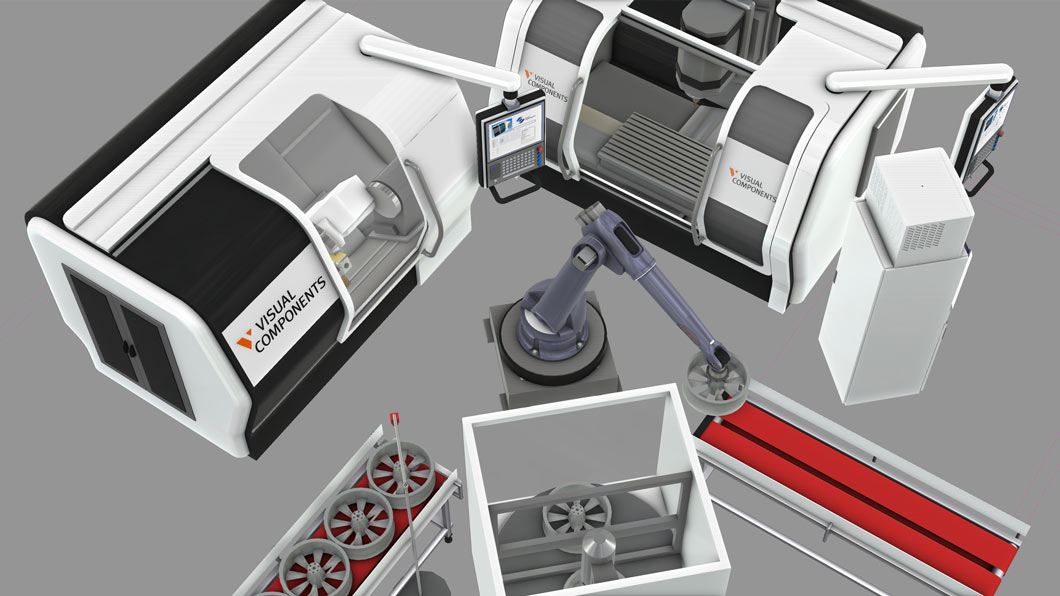 A Visual Components simulation of a robot working at a production line