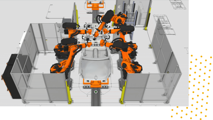 a layout of robots working at a car manufacturing line