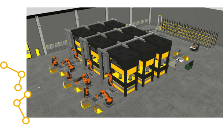 a manufacturing line with robots, people and forklifts