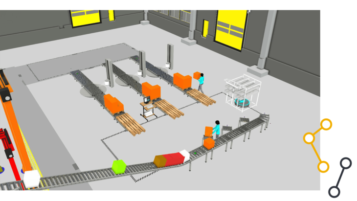 a layout of a warehouse with conveyors and people
