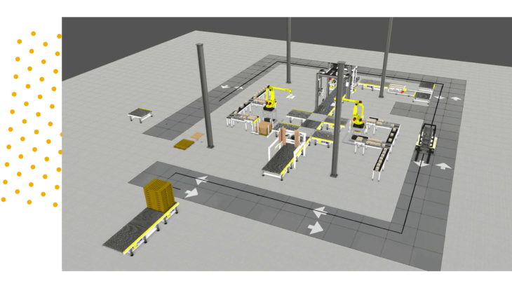 a rendering of a palletizing line with forklifts