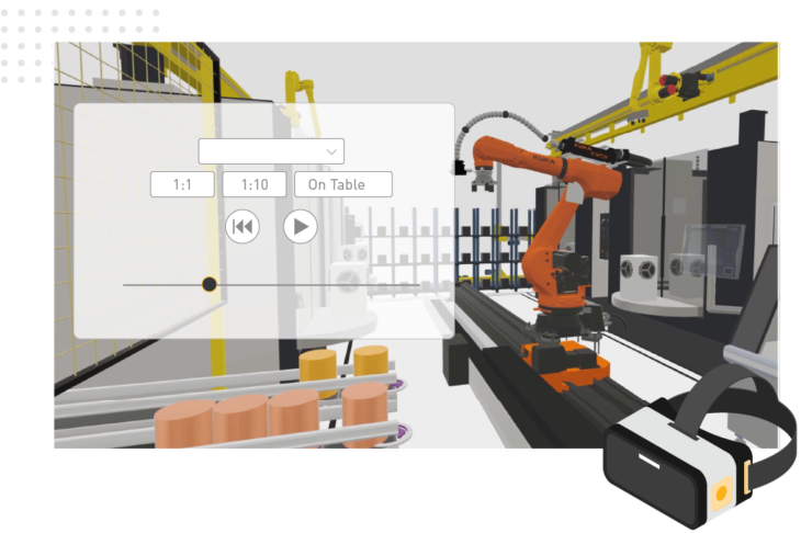 a VR 3D rendering of a production line using Visual Components Experience