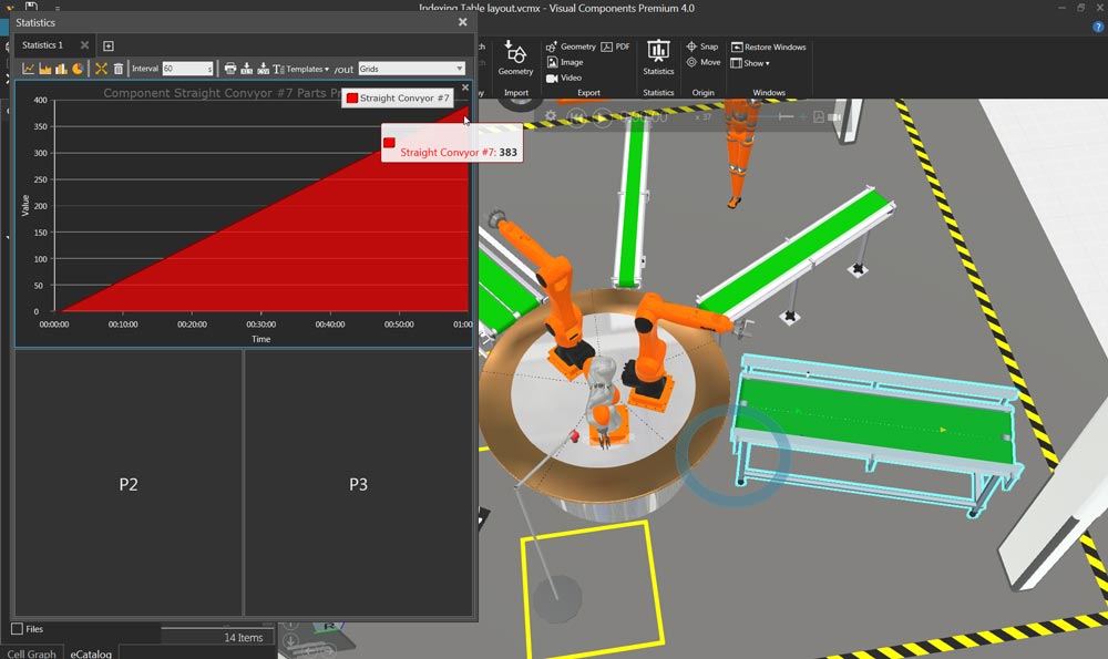 plant design simulation with conveyor belt and robots