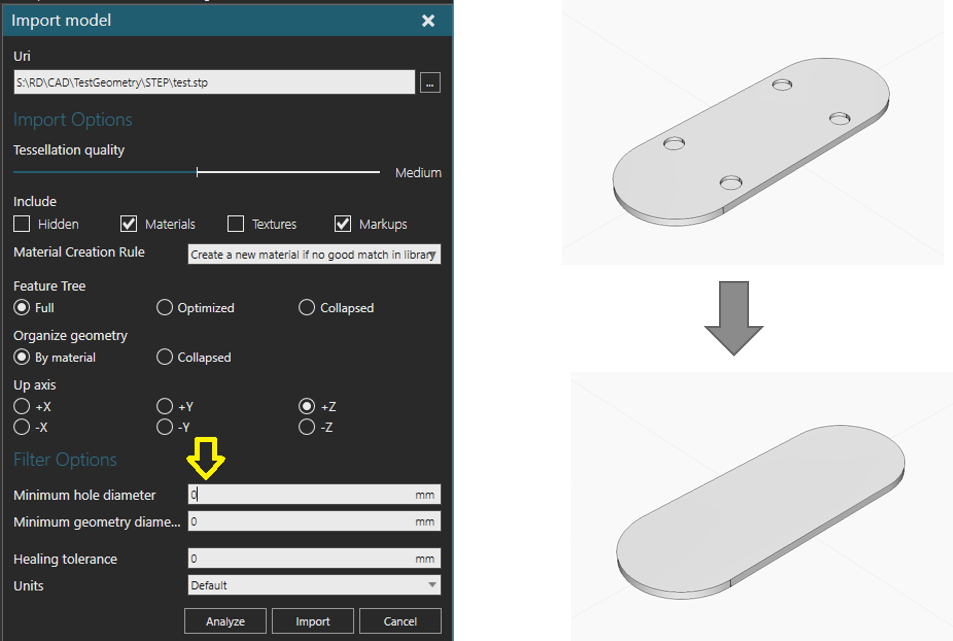 CAD importing filters for hole and small feature removal in Visual Components 4.0.4