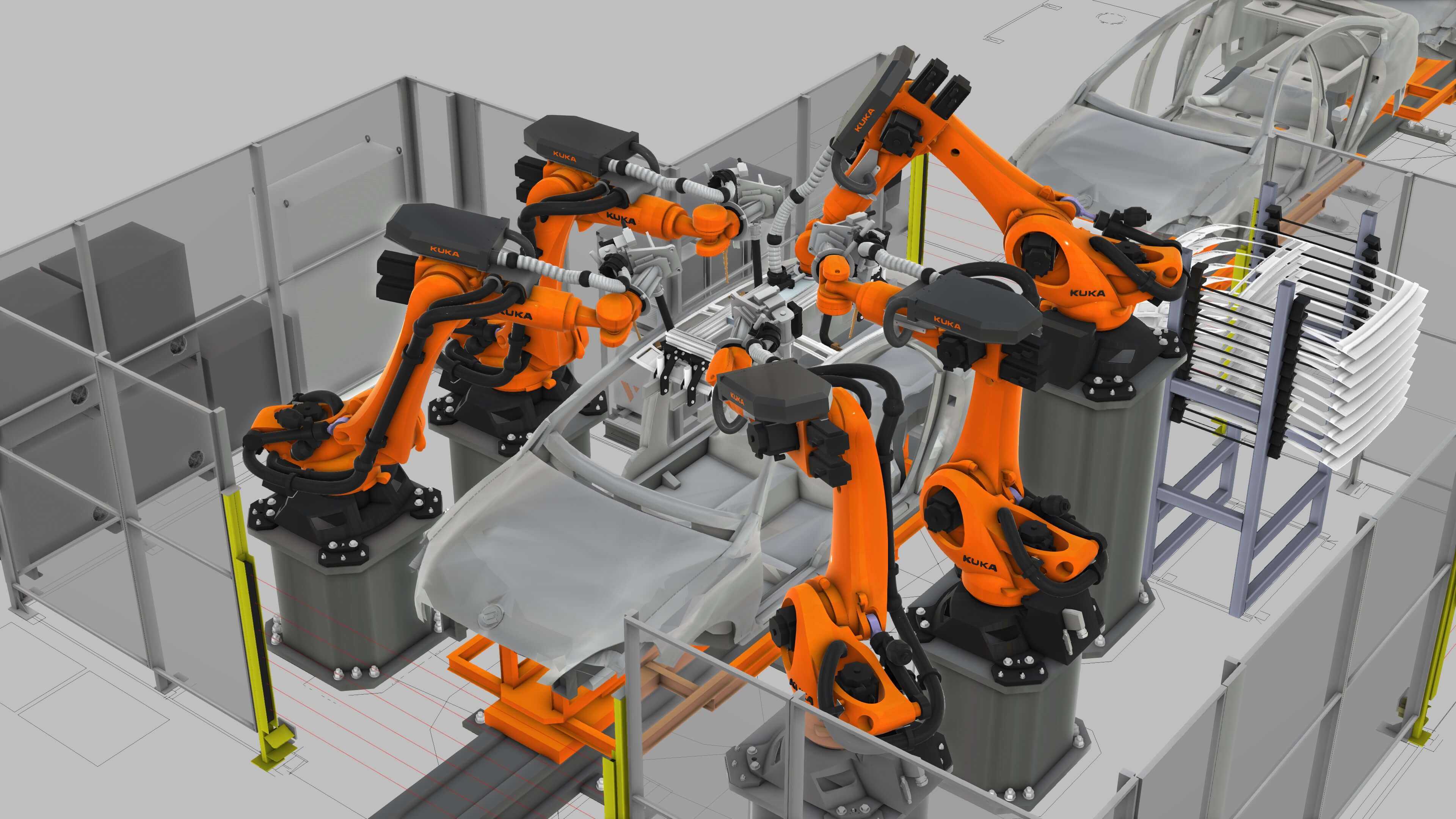 A simulation of five robots building a car