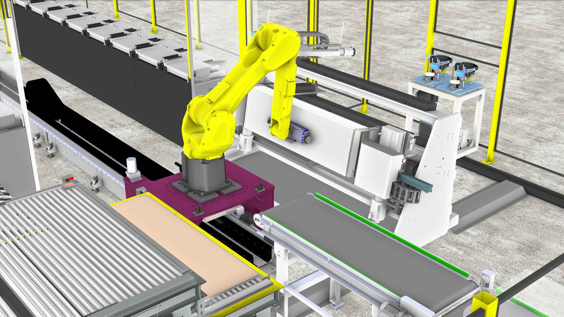 a rendering of a robot working at a manufacturing line